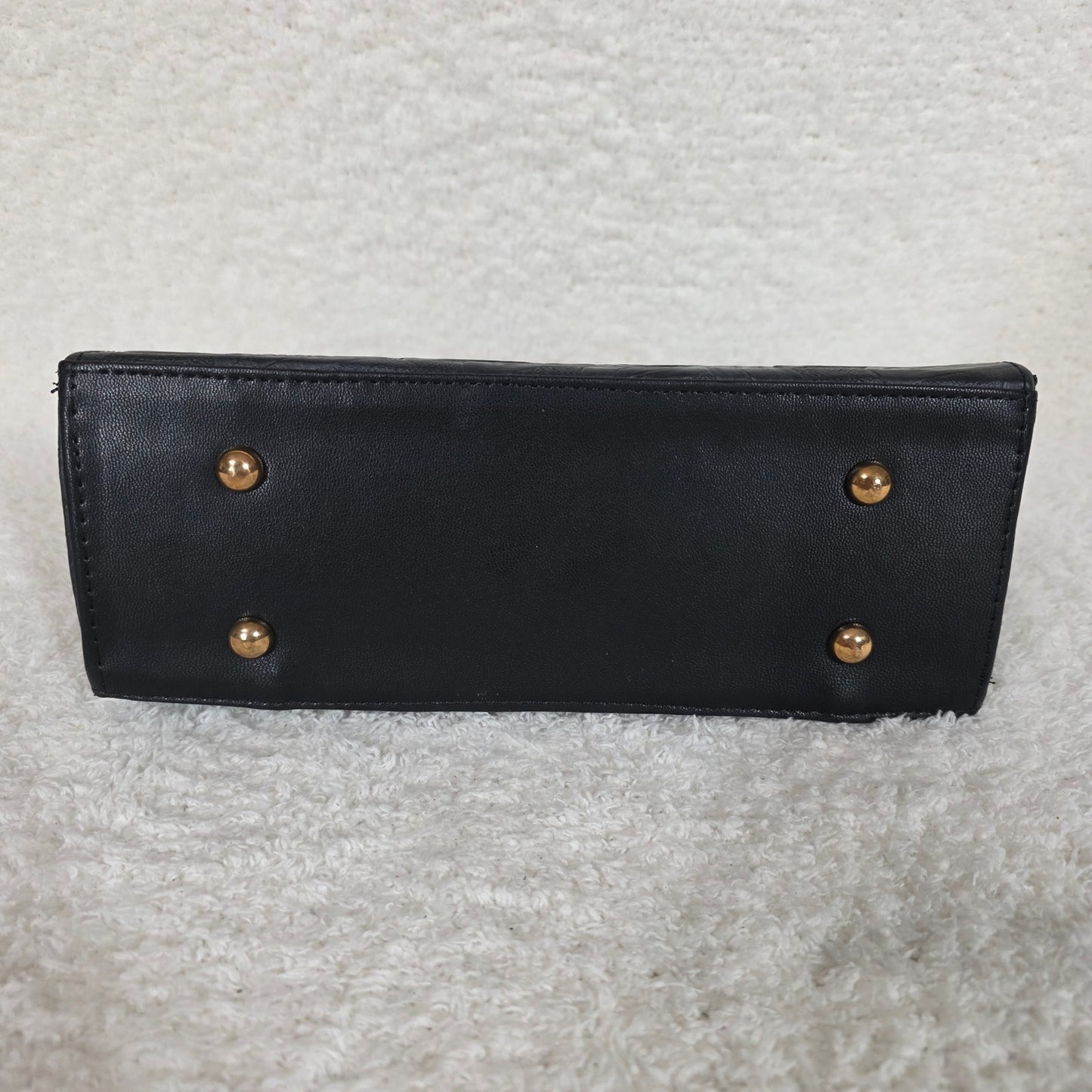Handcrafted Mexican Black Tooled Leather Handbag with Gold-Tone Ring Handles