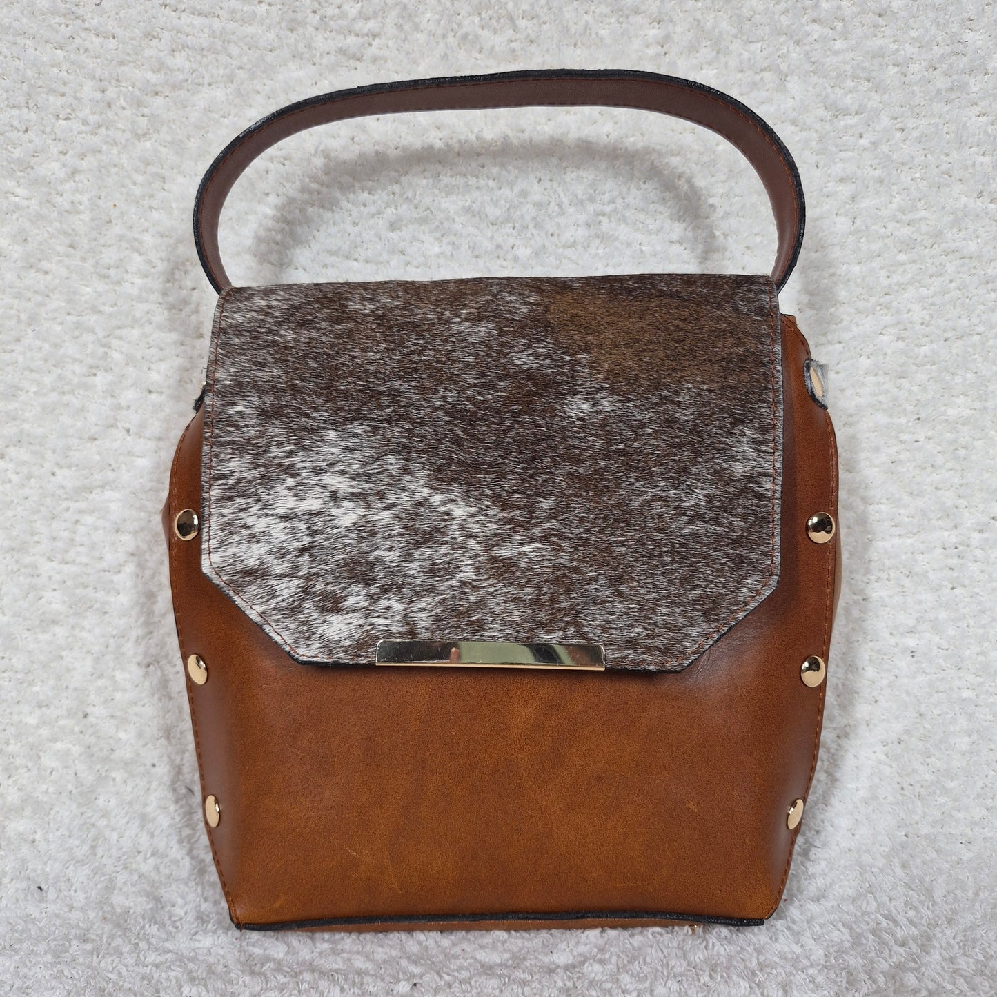 Handcrafted Mexican Cognac Brown Leather Handbag with Cowhide Hair-On Flap & Gold-Tone Hardware