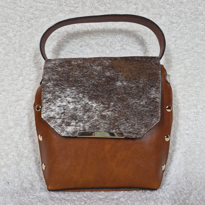 Cognac Brown Leather Handbag with Cowhide Hair-On Flap & Gold-Tone Hardware — Handmade in Mexico