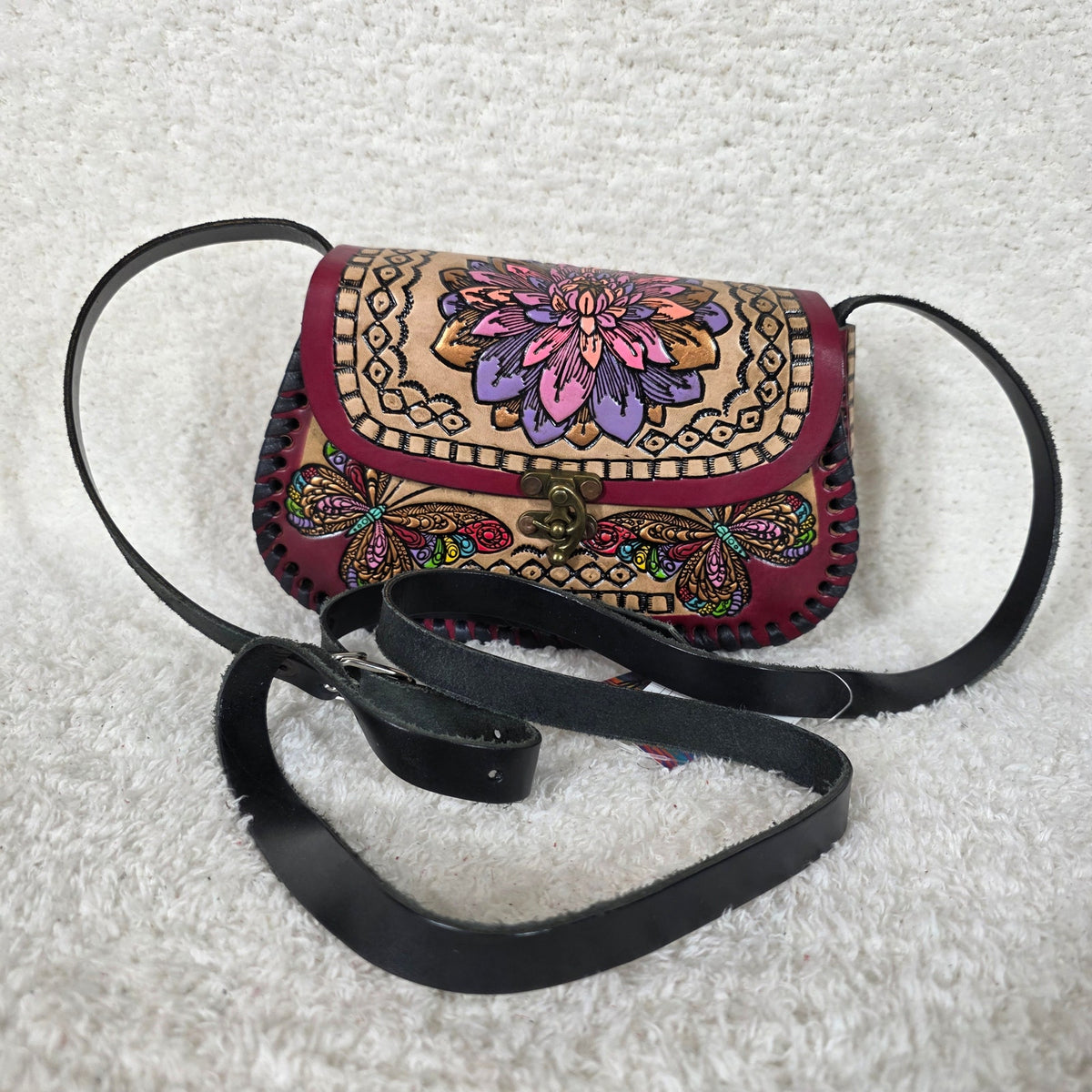Mexican Hand-Tooled Leather Flower & Butterflies Tan Crossbody Bag with Burgundy Border