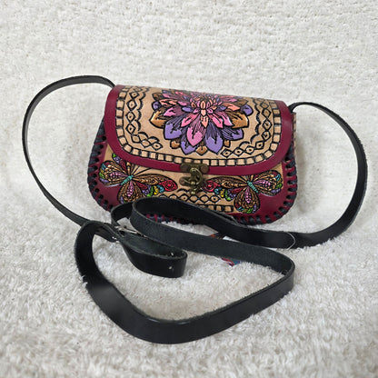 Mexican Hand-Tooled Leather Flower & Butterflies Tan Crossbody Bag with Burgundy Border