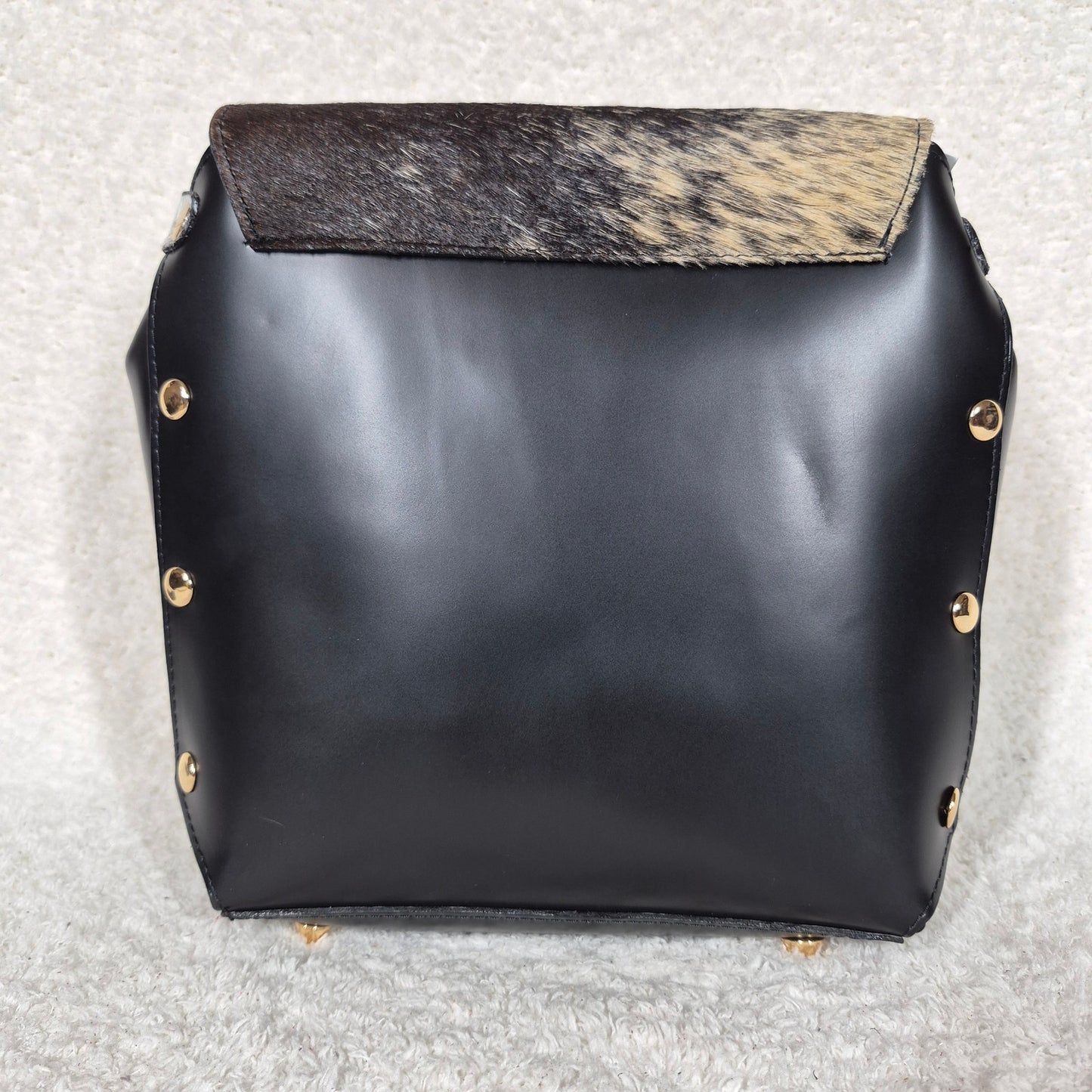 Handcrafted Mexican Black Leather Handbag with Cowhide Hair-On Flap & Gold-Tone Hardware