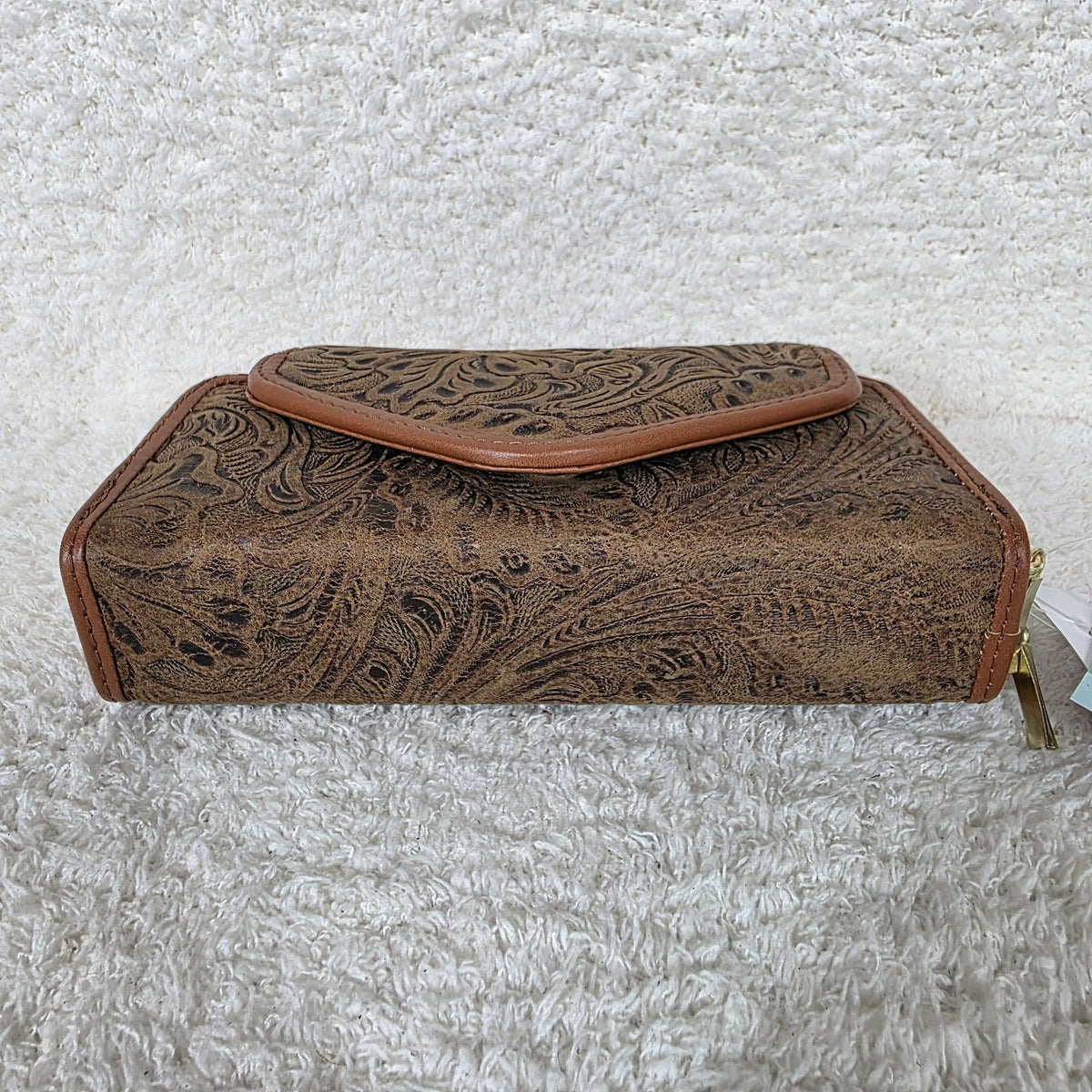 Distressed Brown Floral Embossed Leather Convertible Wallet Crossbody with Brown Trim
