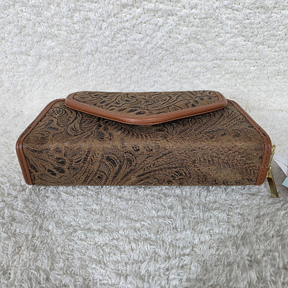 Distressed Brown Floral Embossed Leather Convertible Wallet Crossbody with Brown Trim