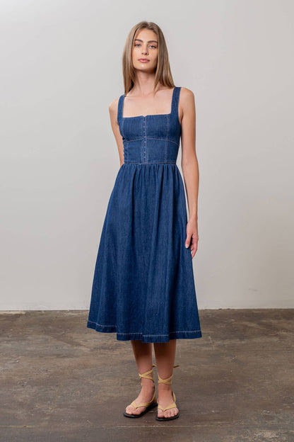 Moon River Blue Denim Hoof Front Midi Dress
