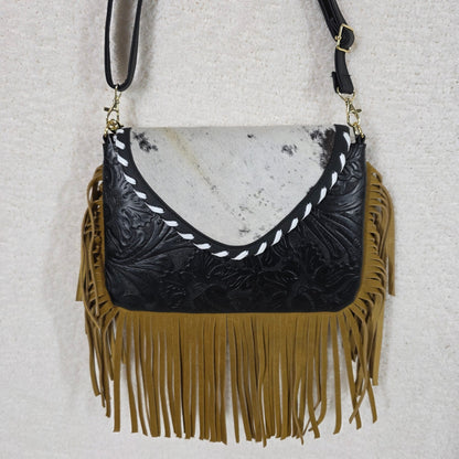Black Embossed Hand-Tooled Leather & Cowhide Fringe Crossbody Bag — Handmade in Mexico
