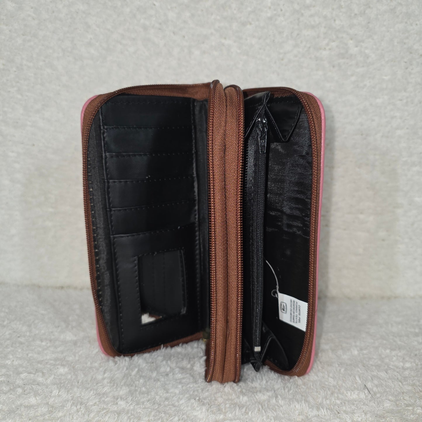 Pink Floral Embossed Leather Double Zip Wallet