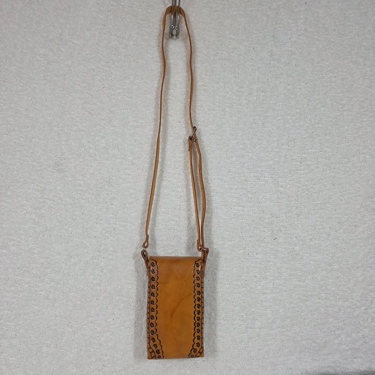 Honey Brown Hand Painted Floral Embossed Leather Cell Phone Bag Made in Mexico