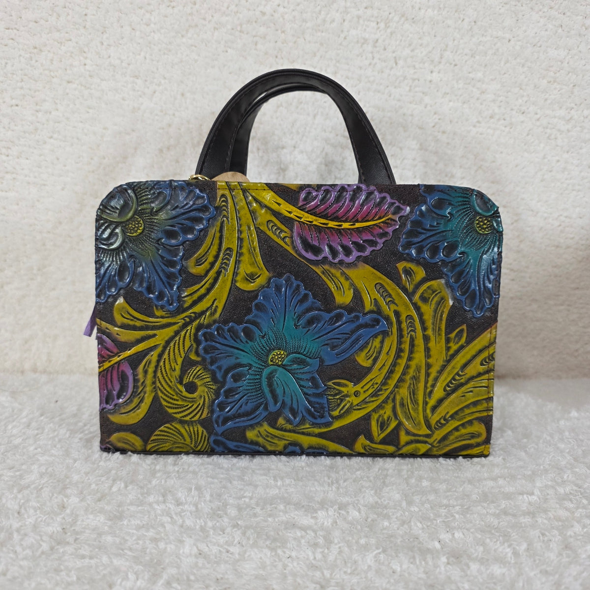 Black & Blue Floral Embossed & Hand Painted Mexican Vegan Leather Crossbody Bag — Handmade in Mexico