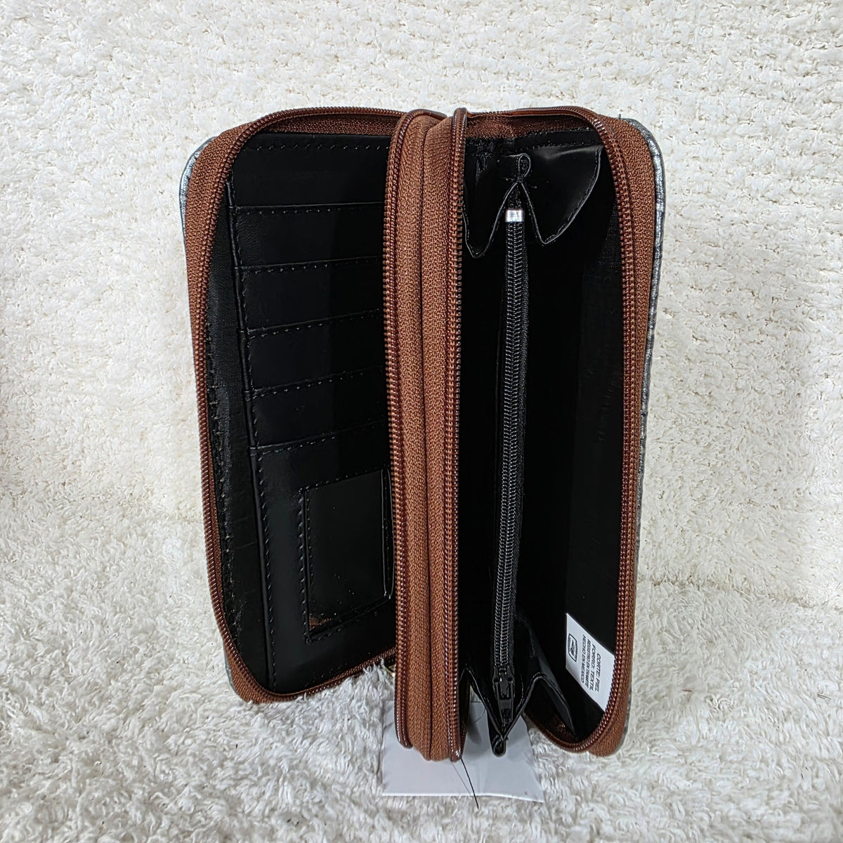 Silver Floral Embossed Leather Double Zip Wallet