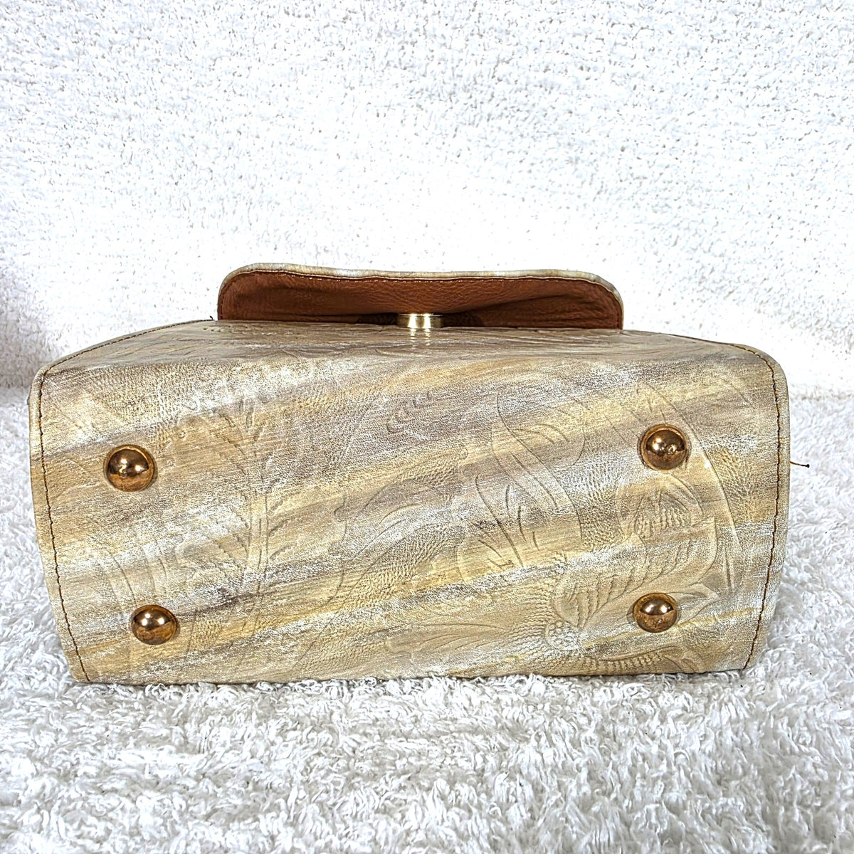 Cream Floral Embossed Leather Mini Bag with Detachable Strap