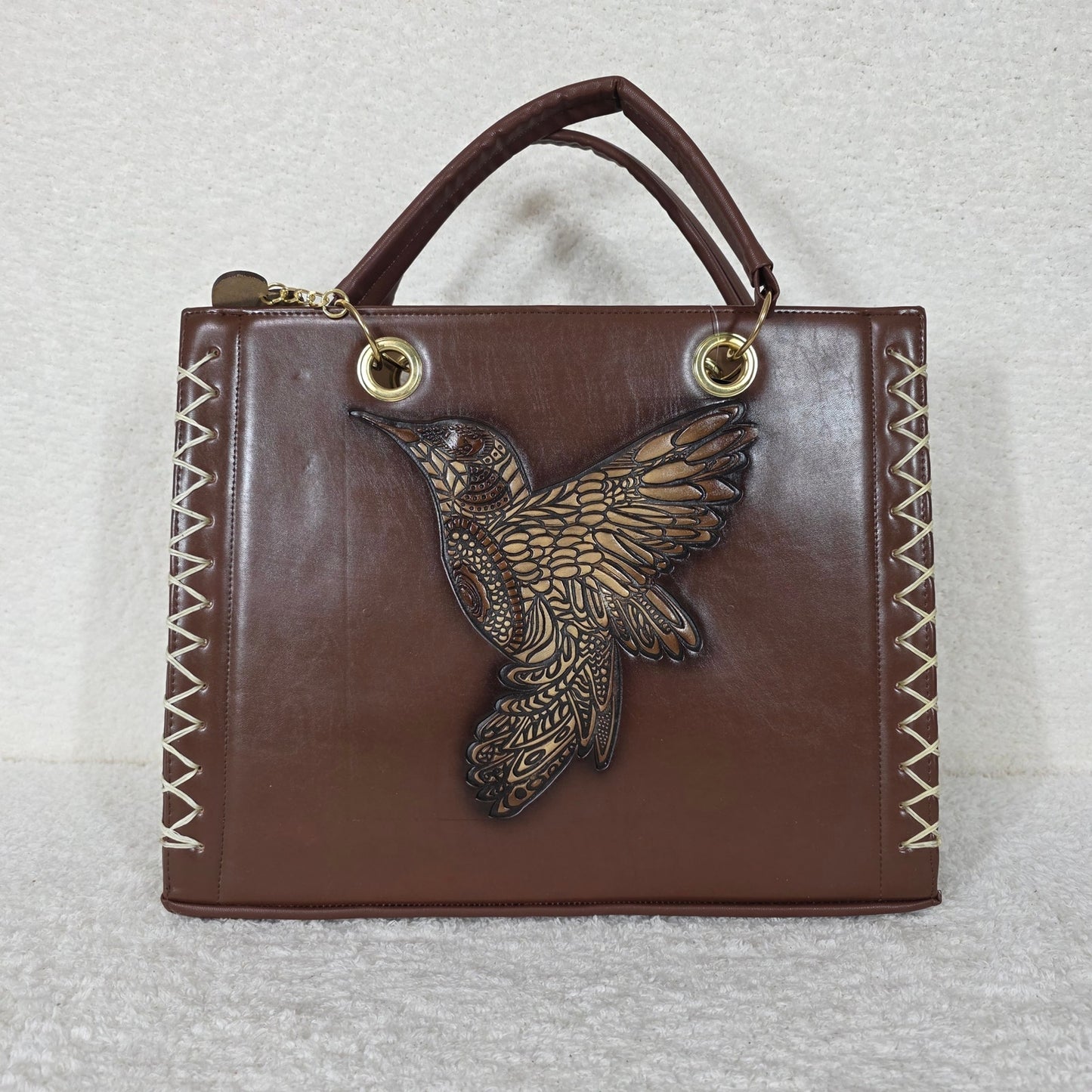 Hummingbird Embossed & Hand Painted Vegan Leather Satchel with Matching Cosmetics Bag