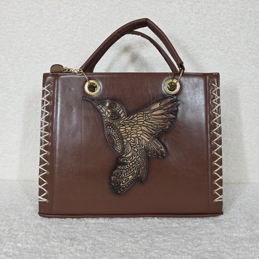 Hummingbird Embossed & Hand Painted Vegan Leather Satchel with Matching Cosmetics Bag