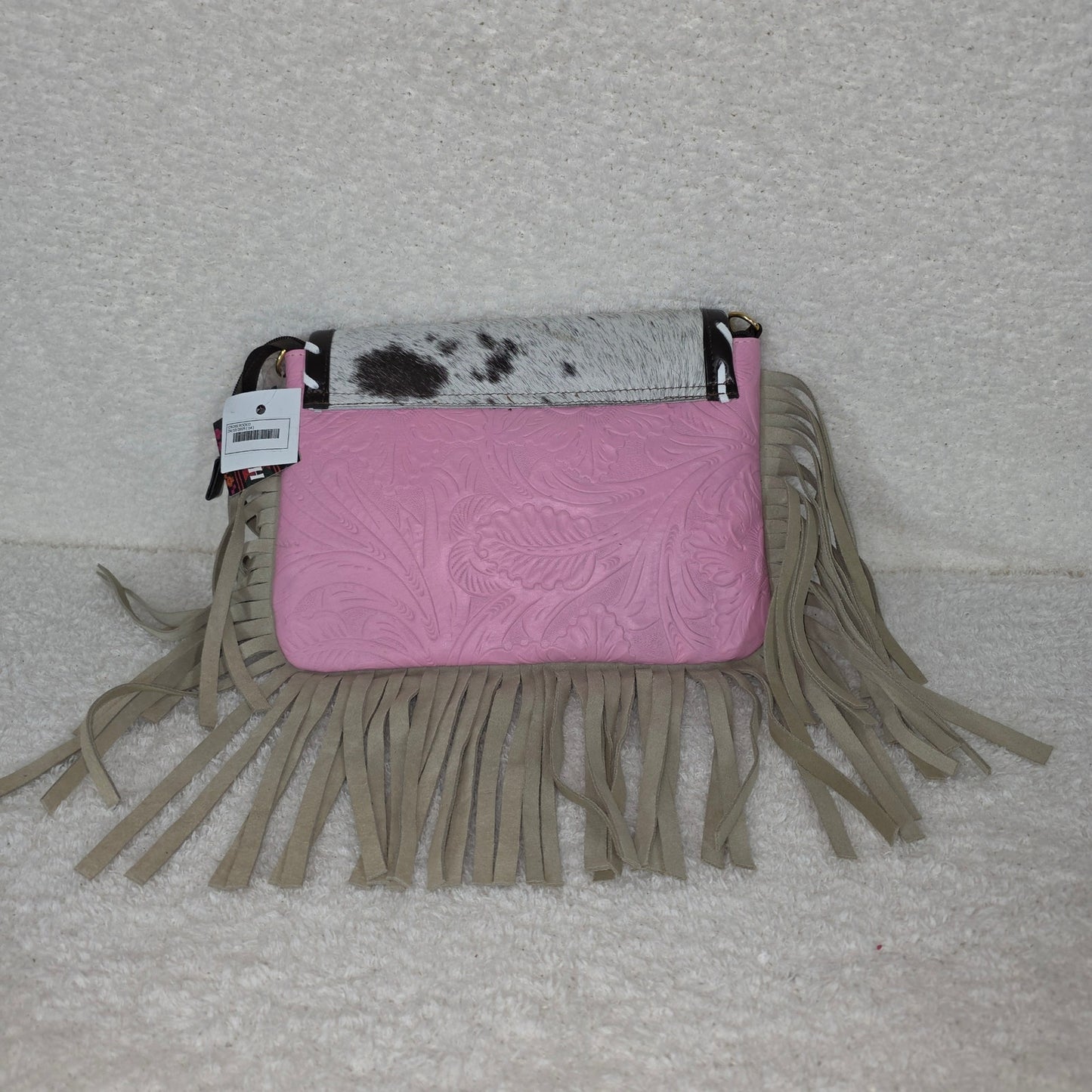 Handcrafted Pink Floral Embossed Vegan Leather & Cowhide Hair-On Fringe Crossbody Bag