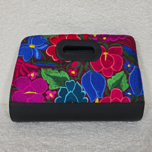 Mexican Floral Chiapas Loom Large Black Vegan Leather Clutch Handbag