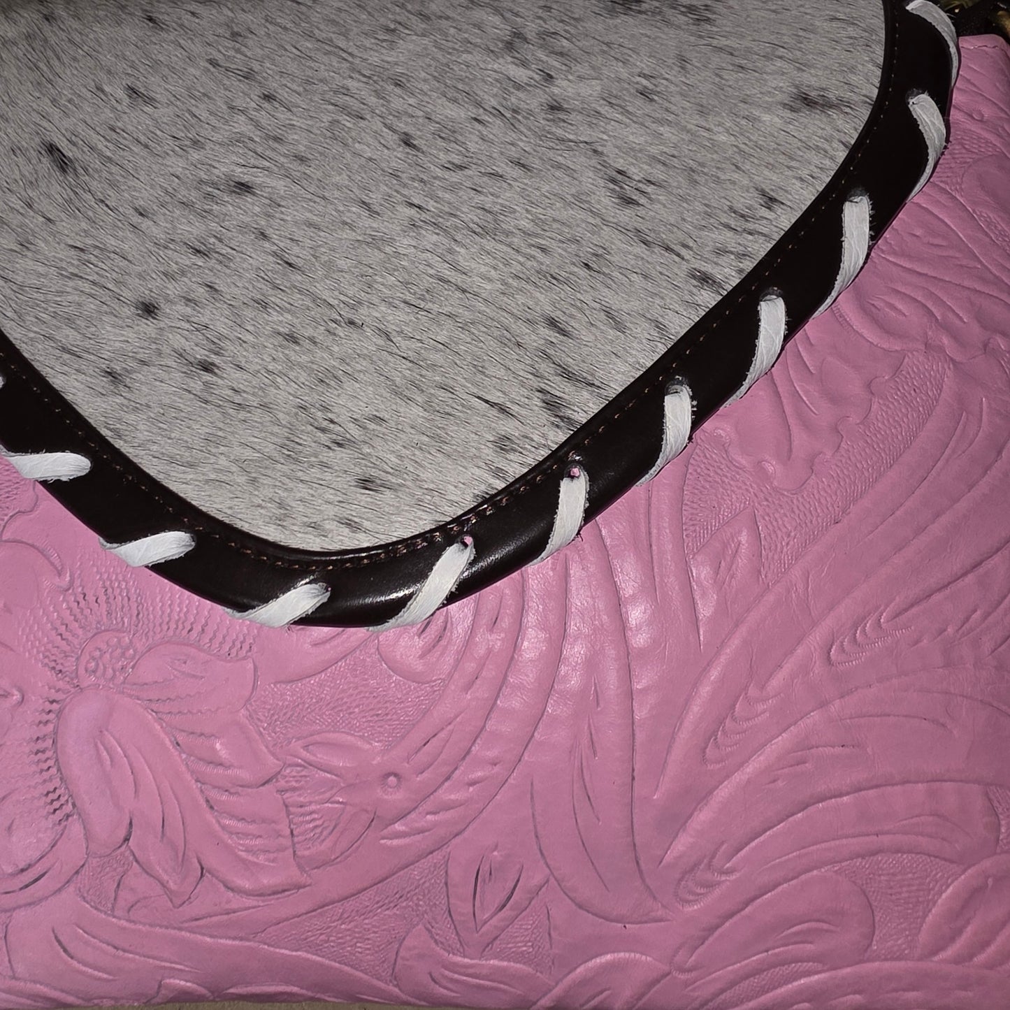 Handcrafted Pink Floral Embossed Vegan Leather & Cowhide Hair-On Fringe Crossbody Bag