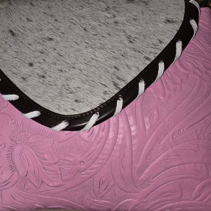 Handcrafted Pink Floral Embossed Vegan Leather & Cowhide Hair-On Fringe Crossbody Bag