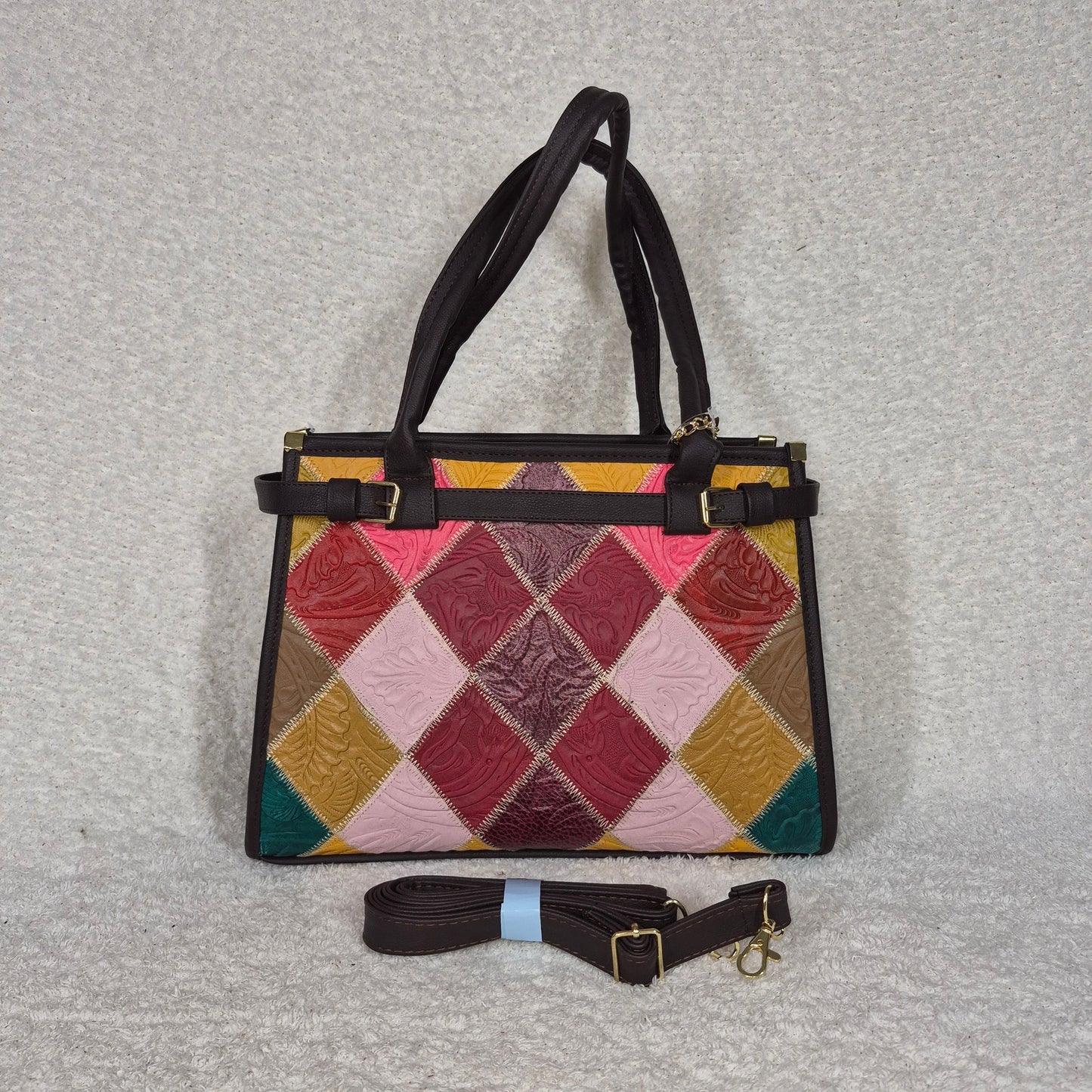 Handcrafted Mexican Artisanal Colorful Patchwork Leather Tote Bag