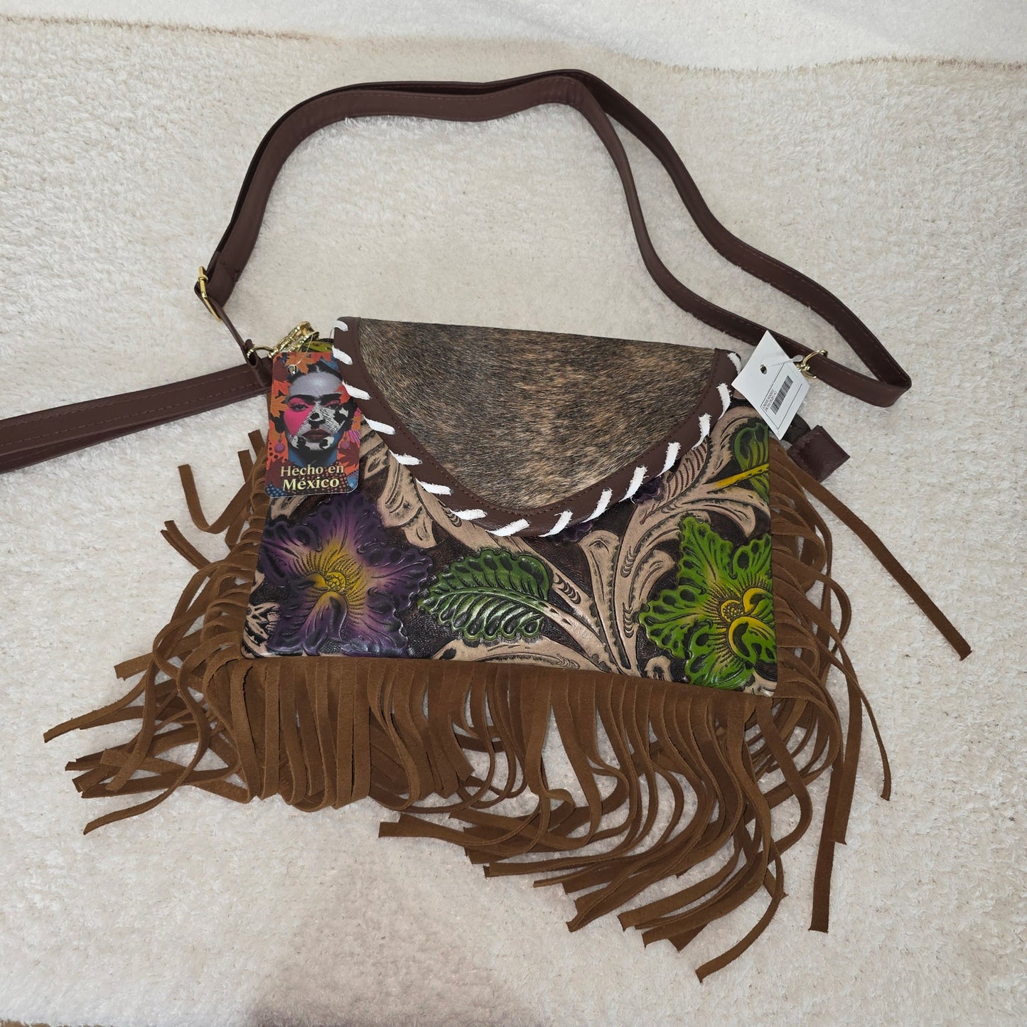 Handcrafted Mexican Floral Embossed Tooled Leather & Cowhide Hair-On Fringe Crossbody Bag