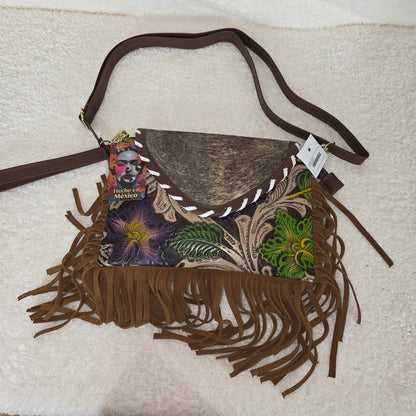 Handcrafted Mexican Floral Embossed Tooled Leather & Cowhide Hair-On Fringe Crossbody Bag