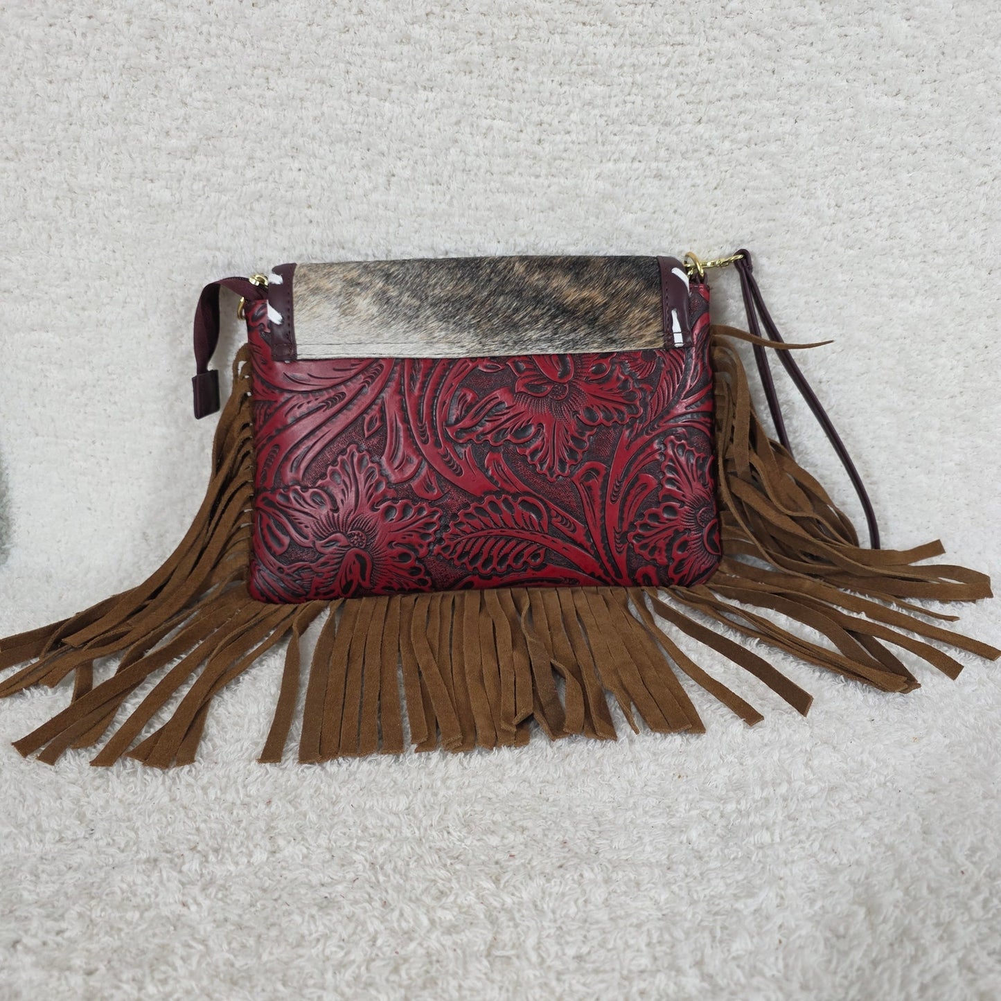 Mexican Red Floral Embossed Tooled Leather & Cowhide Fringe Crossbody Bag