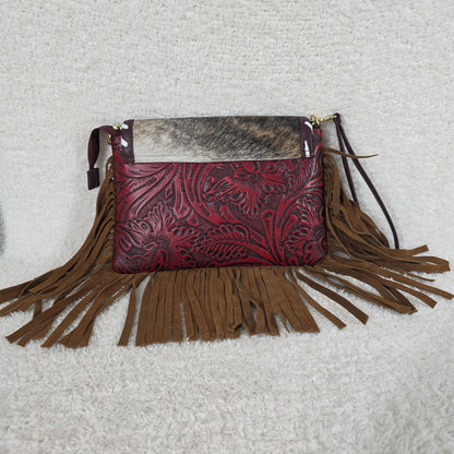 Mexican Red Floral Embossed Tooled Leather & Cowhide Fringe Crossbody Bag