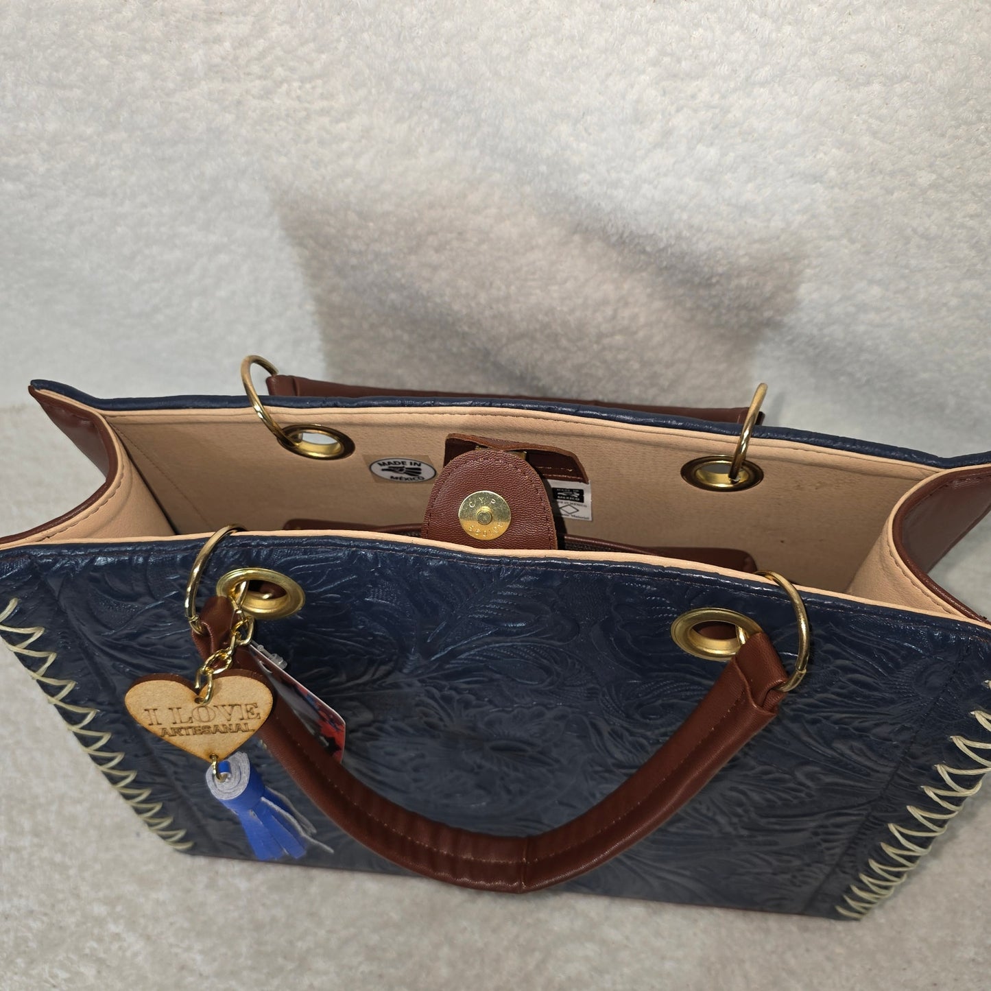Handmade Blue Floral Embossed & Painted Leather Satchel