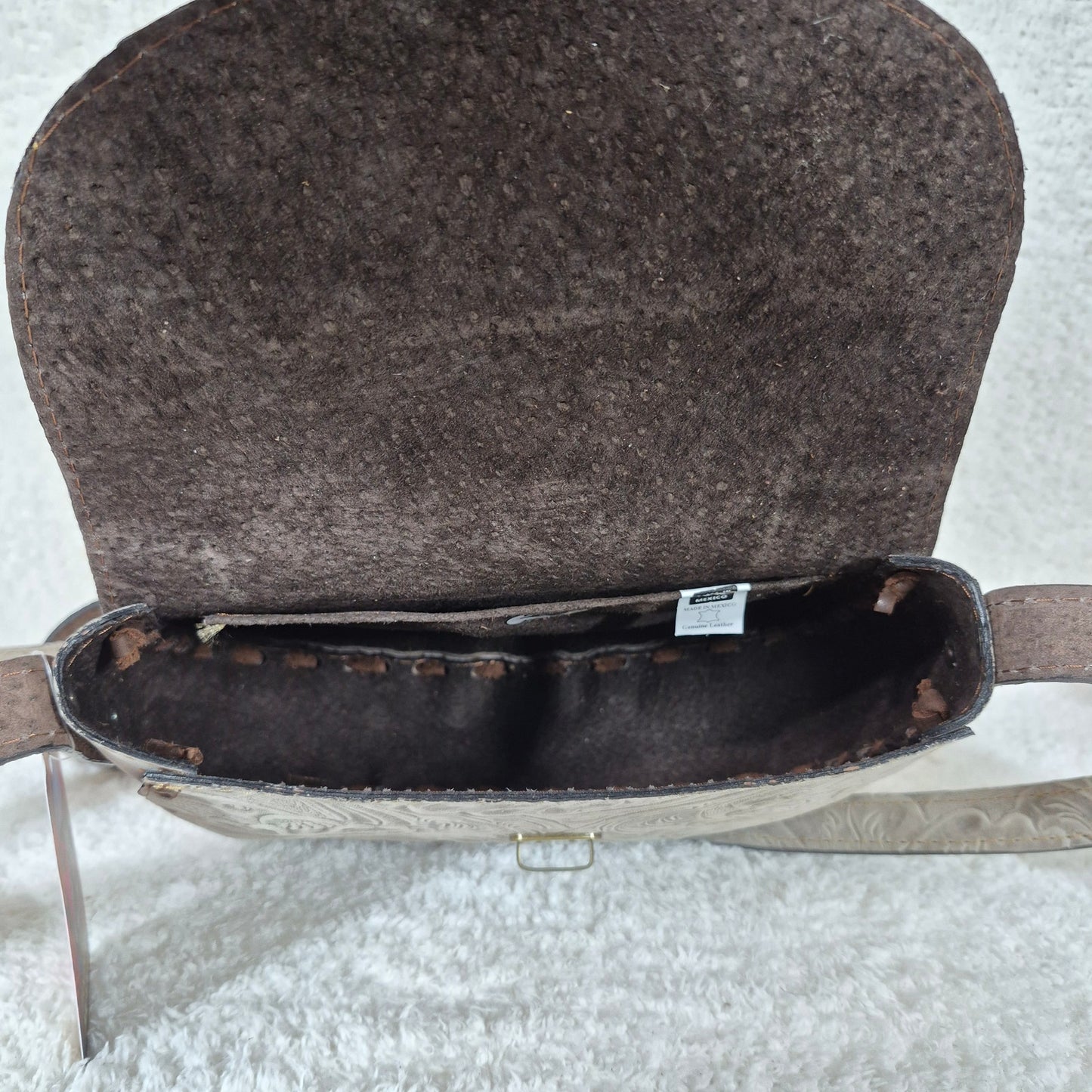 Hand-Tooled Gray Genuine Leather Saddle Bag with Brown Whipstitching
