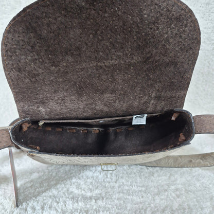 Hand-Tooled Gray Genuine Leather Saddle Bag with Brown Whipstitching