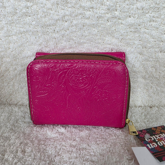 Vibrant Pink Floral Embossed Leather Trifold Wallet with Back Zip Compartment