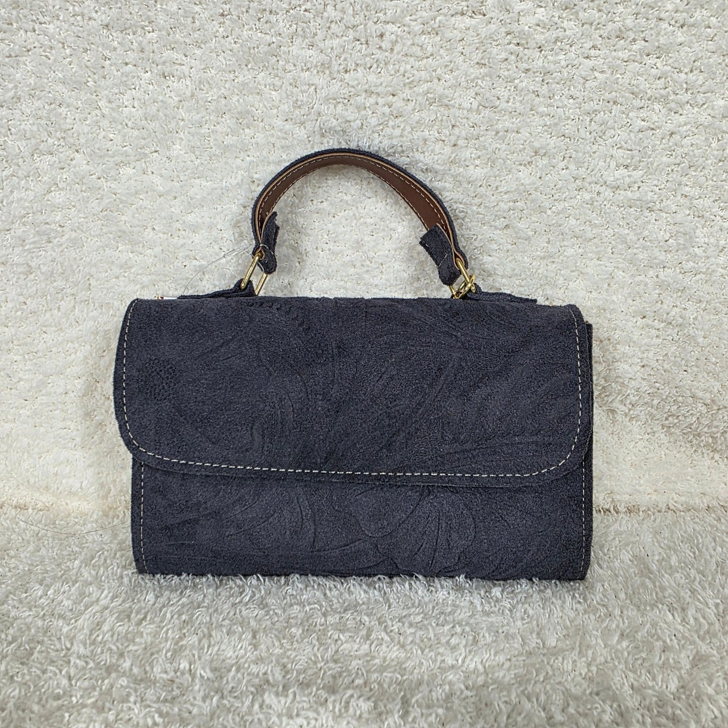 Artisan Handcrafted Embossed Floral Design Gray Suede Crossbody Bag