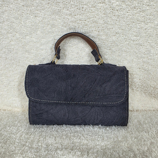 Artisan Handcrafted Embossed Floral Design Gray Suede Crossbody Bag