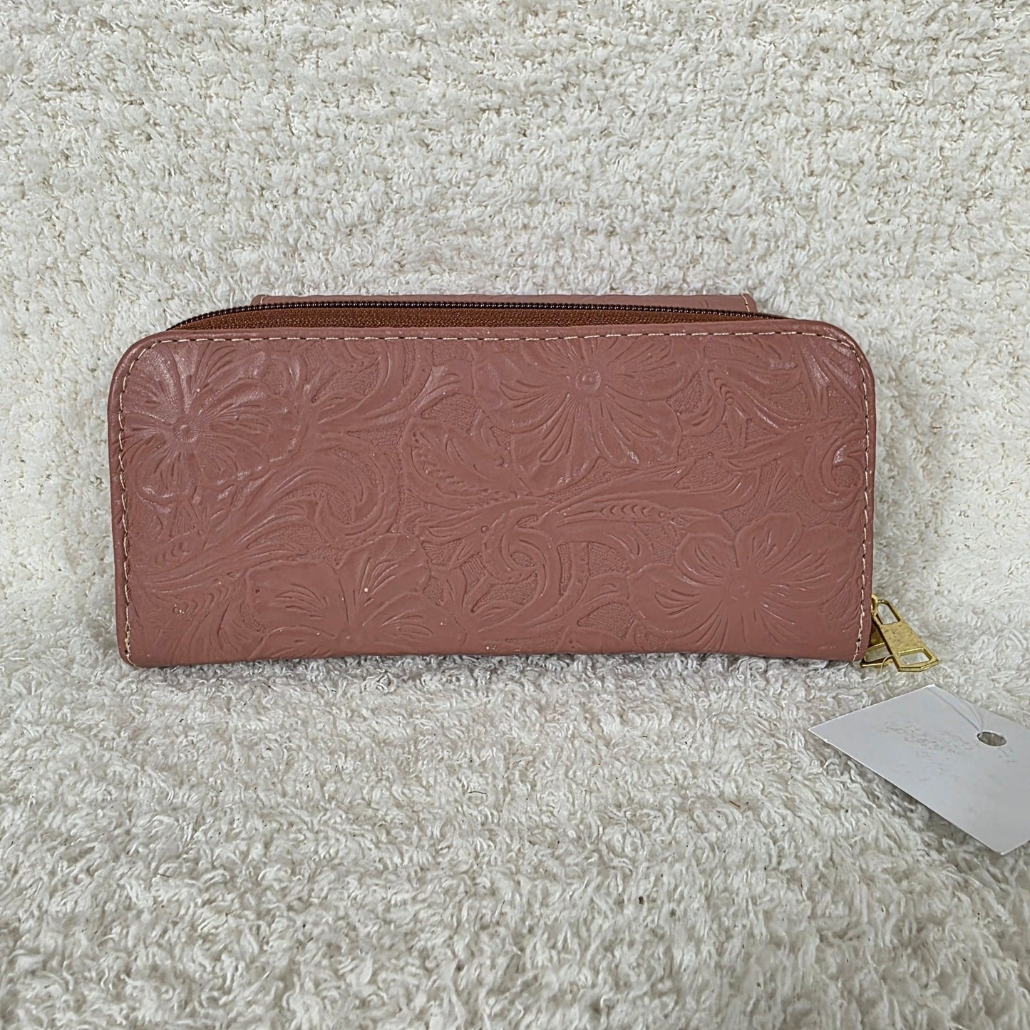 Dusty Pink Floral Embossed Leather Flap Closure Wallet