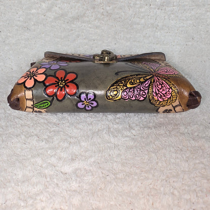 Mexican Hand-Tooled Leather Butterflies & Flowers Olive Green Clutch Wristlet Bag