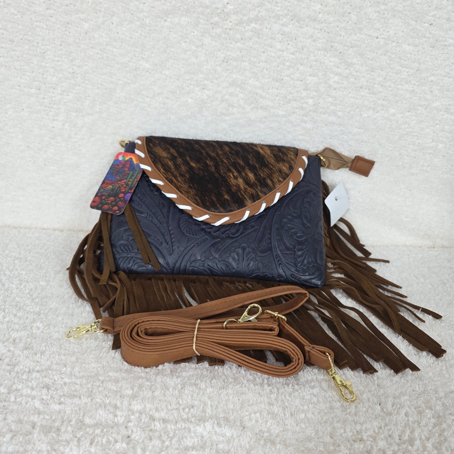 Handcrafted Blue Floral Embossed Leather & Cowhide Hair-On Fringe Crossbody Bag
