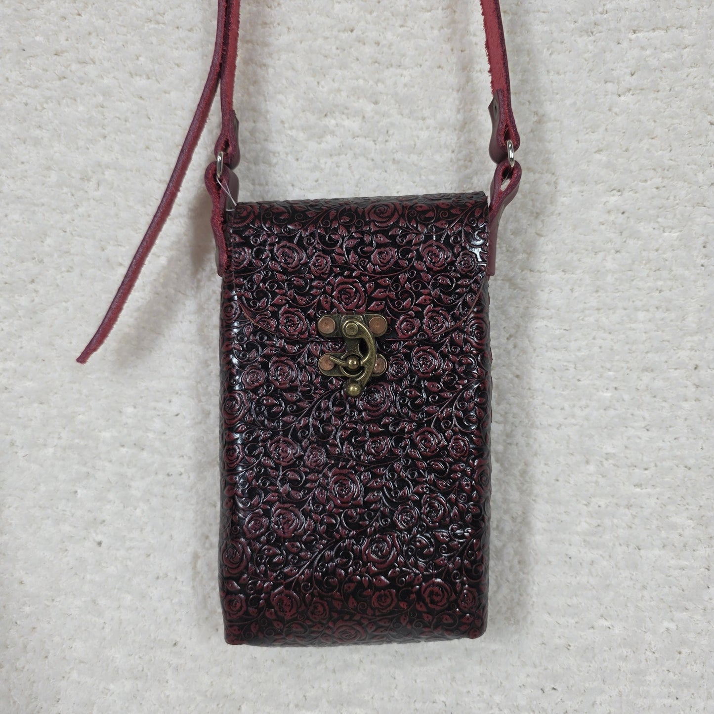 Red Roses Embossed Leather Cell Phone Bag - Handcrafted in Mexico