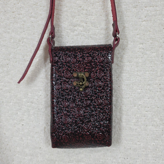 Red Roses Embossed Leather Cell Phone Bag - Handcrafted in Mexico