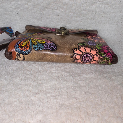 Mexican Hand-Tooled Leather Butterflies & Flowers Tan Wristlet Clutch Bag