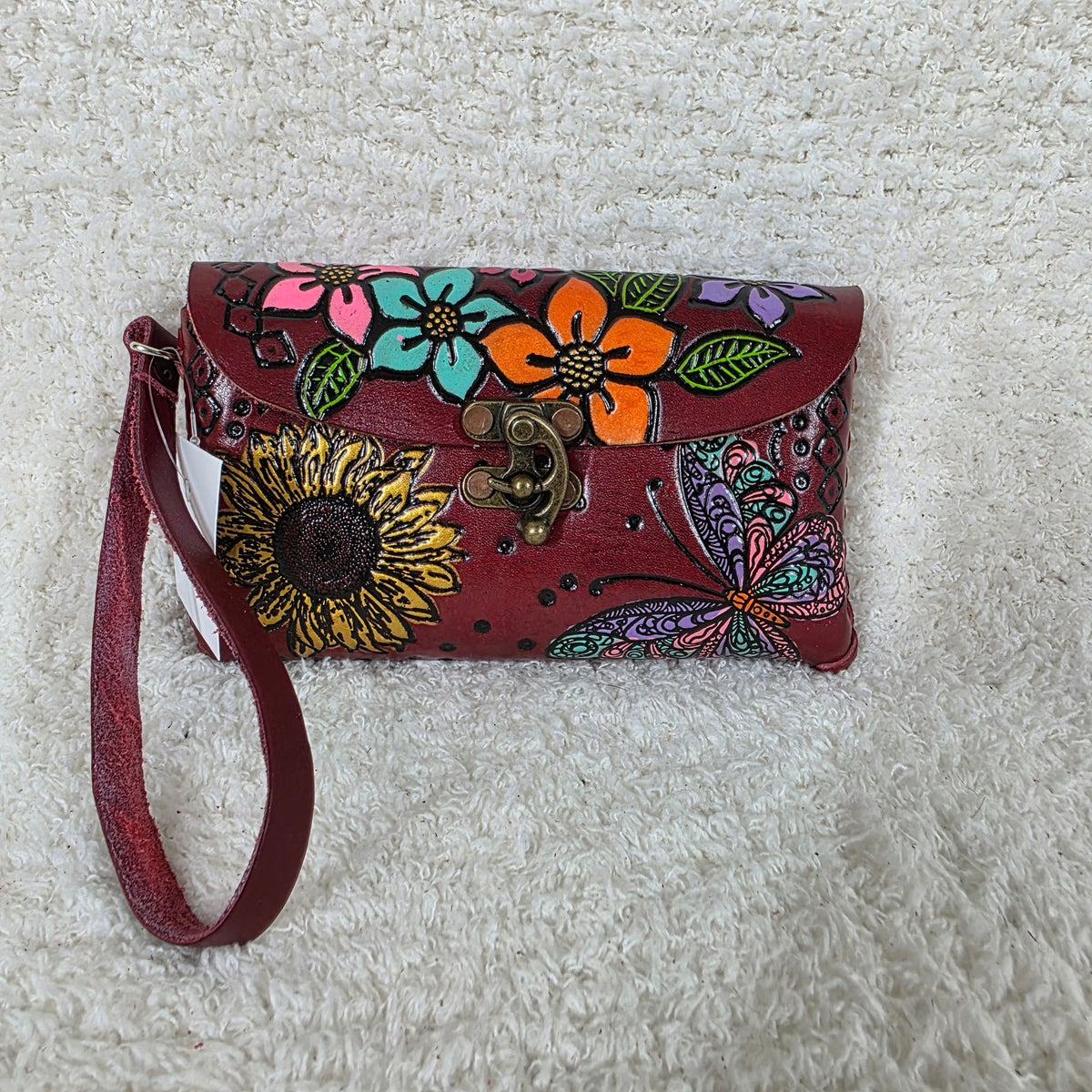 Mexican Hand-Tooled Leather Butterflies & Flowers Red Clutch Wristlet Bag