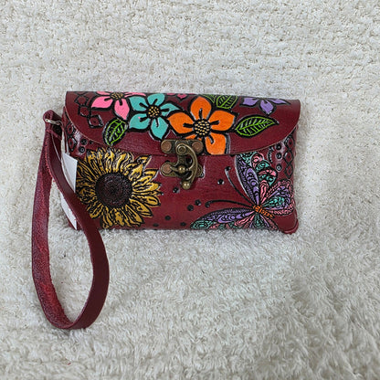 Mexican Hand-Tooled Leather Butterflies & Flowers Red Clutch Wristlet Bag