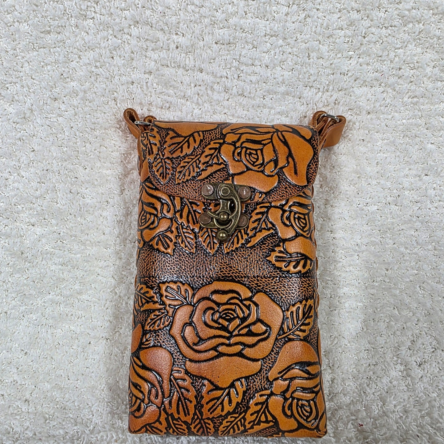 Honey Brown Roses Embossed Leather Cell Phone Bag - Handcrafted in Mexico