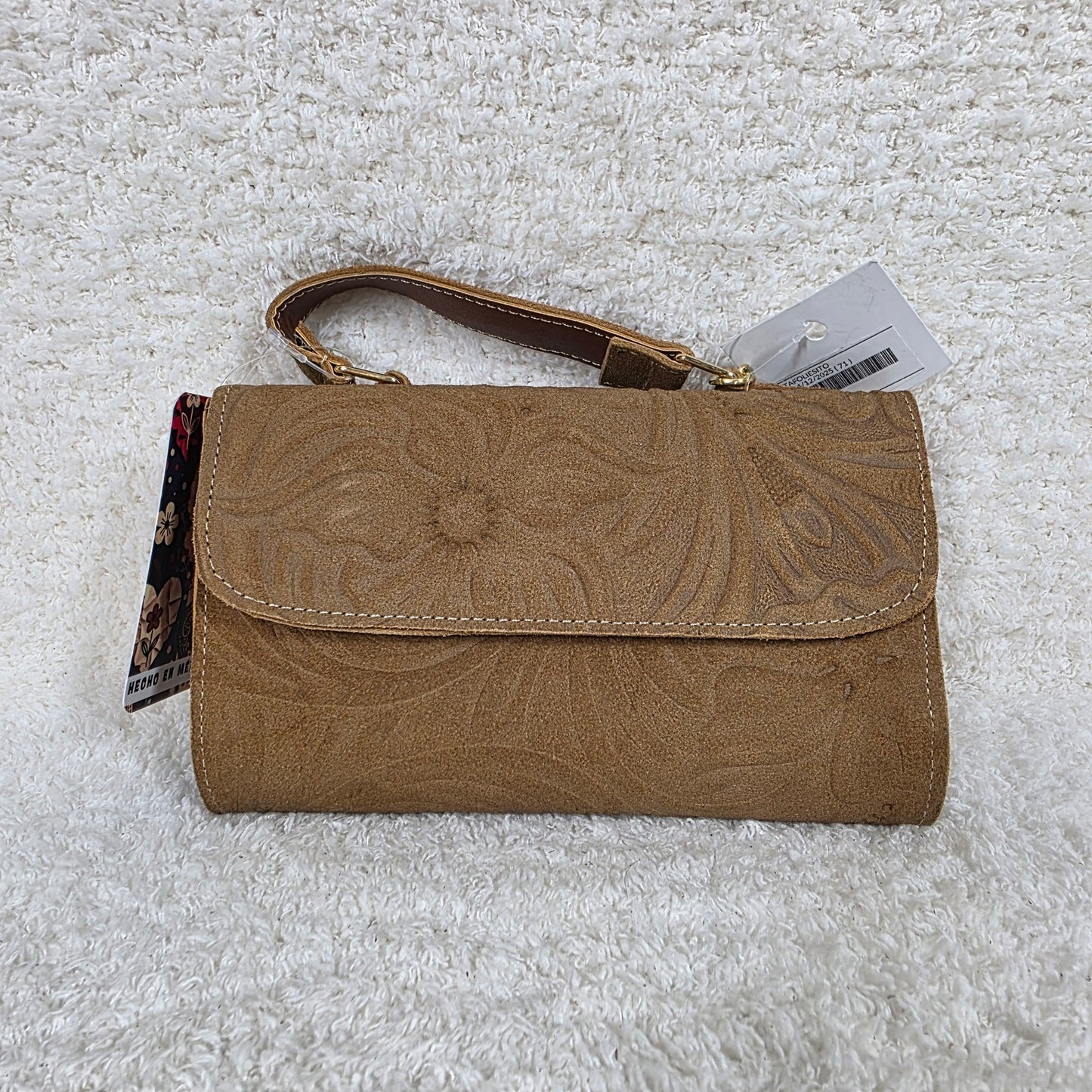 Handcrafted Embossed Floral Design Saddle Brown Suede Leather Crossbody Bag