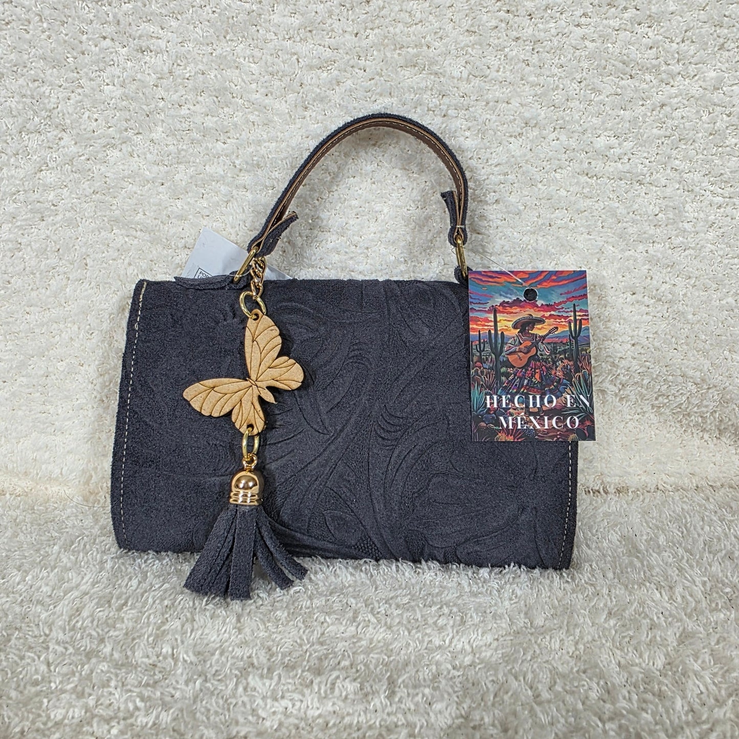 Artisan Handcrafted Embossed Floral Design Gray Suede Crossbody Bag