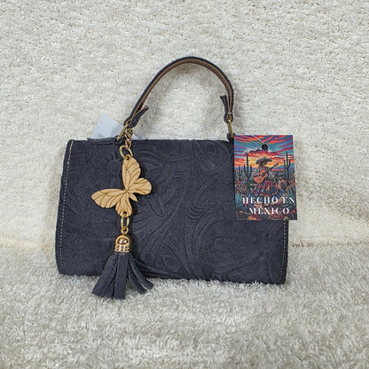 Artisan Handcrafted Embossed Floral Design Gray Suede Crossbody Bag