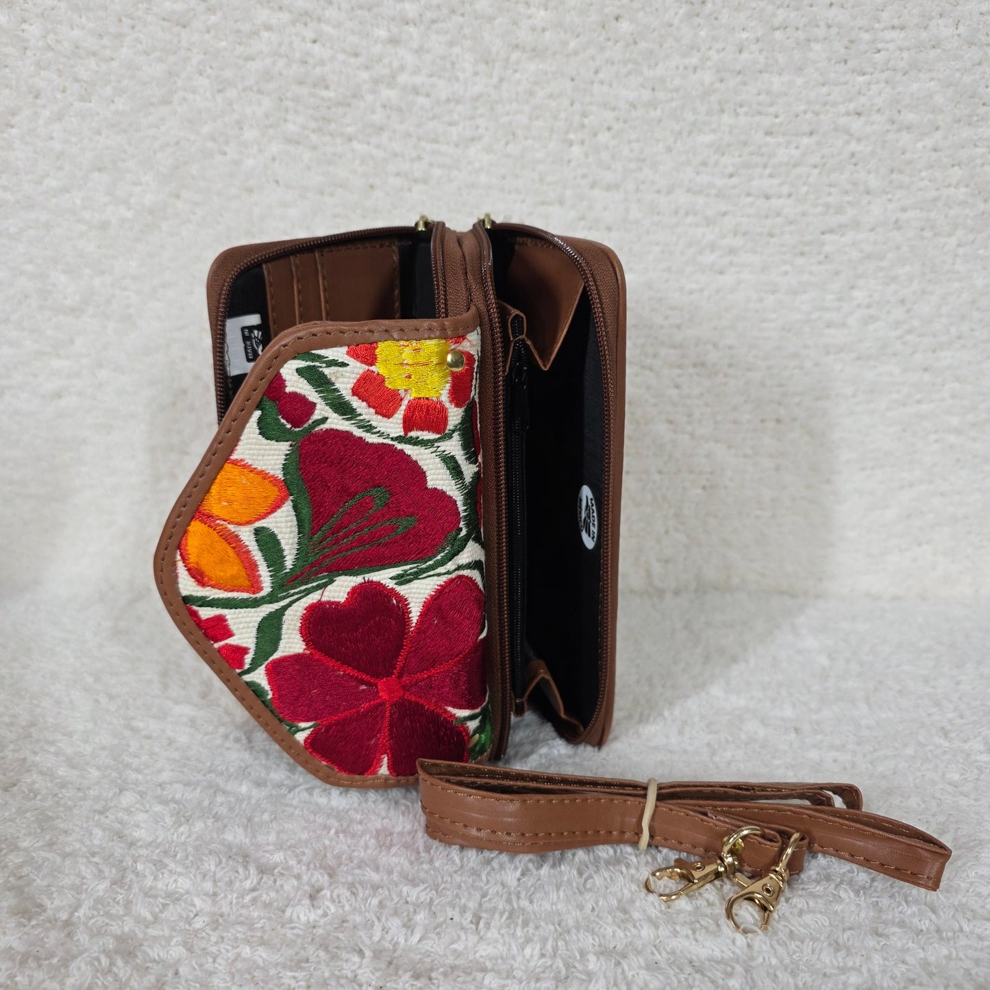 Tan Chiapas Loom & Floral Embossed Leather Convertible Wallet Crossbody with Brown Trim