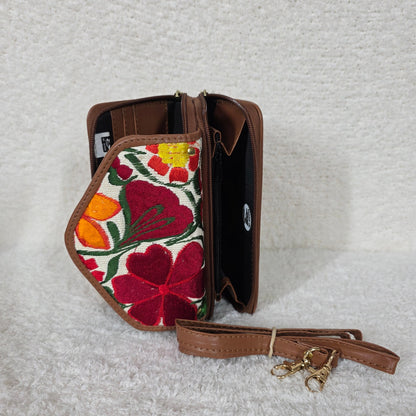 Tan Chiapas Loom & Floral Embossed Leather Convertible Wallet Crossbody with Brown Trim