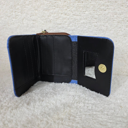 Blue Floral Embossed Leather Trifold Wallet with Back Zip Compartment