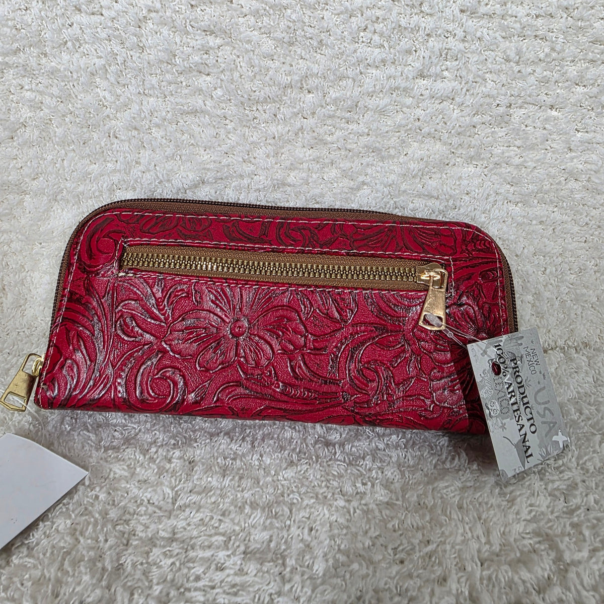 Red Floral Embossed Leather Double Zip Wallet