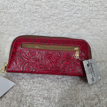 Red Floral Embossed Leather Double Zip Wallet