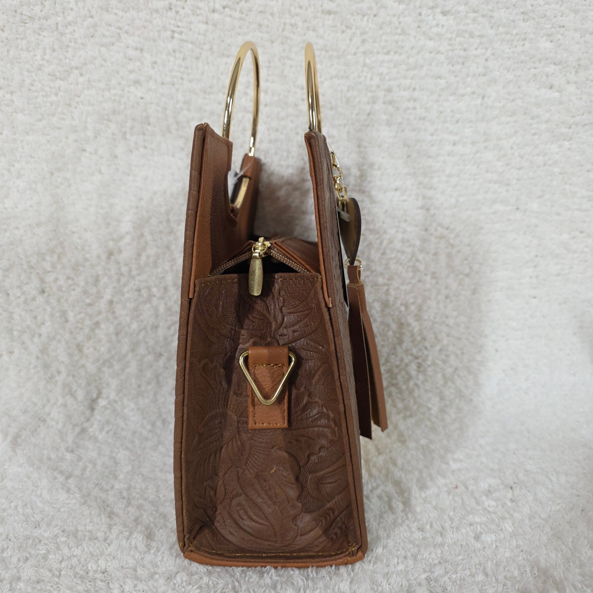 Handcrafted Mexican Brown Tooled Leather Handbag with Chiapas Loom Detail & Gold-Tone Ring Handles